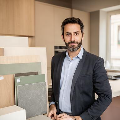 Noeml Faltner, progettista di cucine, accanto a campioni di materiali nello showroom