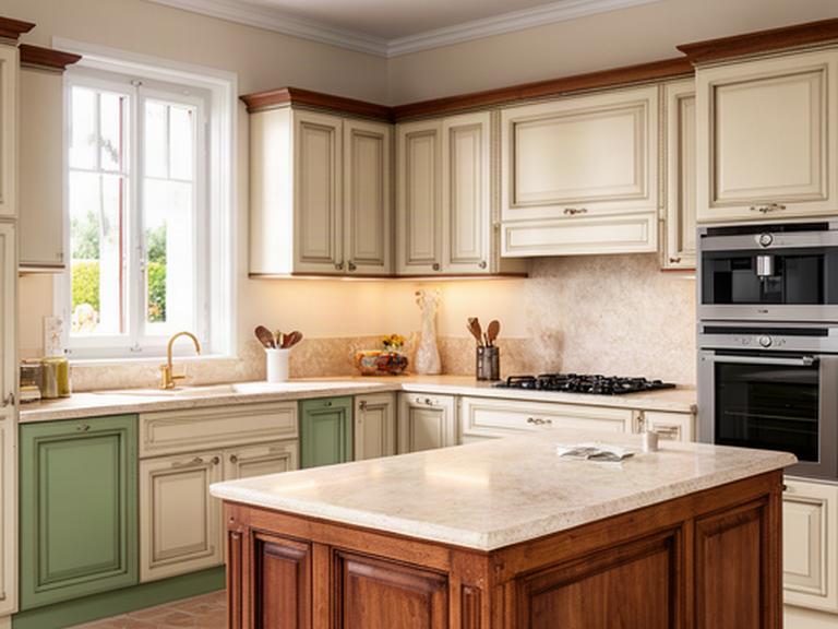 Cucina classica italiana con ante color crema, piano in pietra e dettagli in legno in una casa luminosa