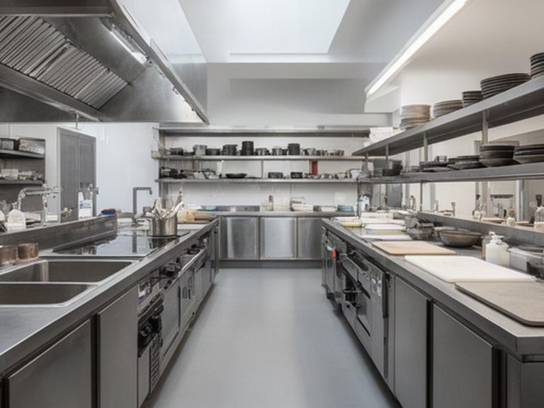 Cucina professionale in acciaio per ristorante milanese con piano in resina e ampie superfici operative