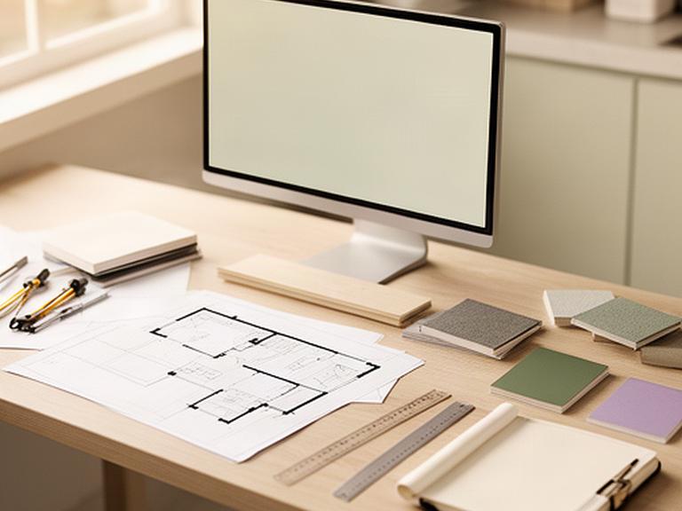 Scrivania per progettazione di cucine con computer, planimetria e documenti ordinati