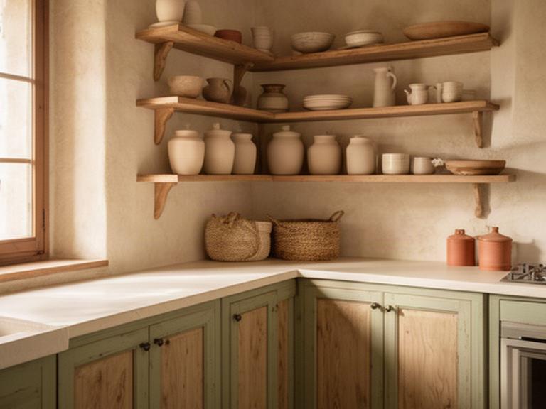 Cucina country italiana con legno naturale, mensole aperte e piano chiaro in una casa di campagna