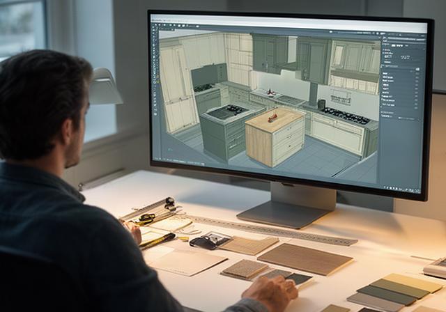 Progettista al computer mentre verifica un modello CAD di una cucina con dettagli costruttivi