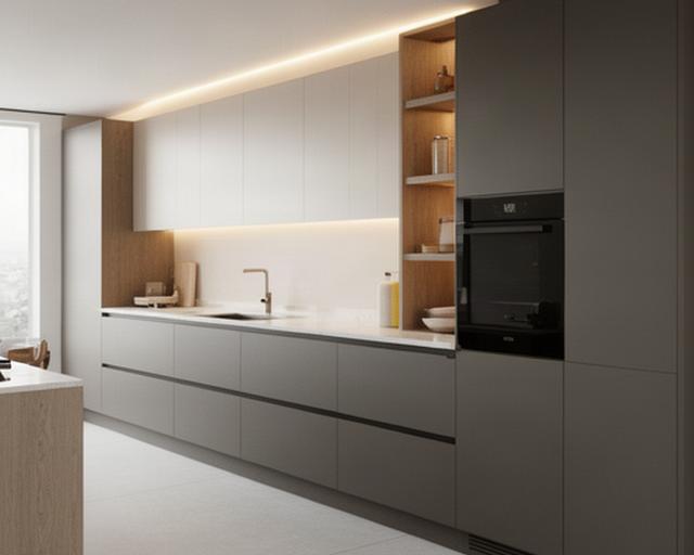 Cucina contemporanea con ante opache, colonne integrate e piano continuo in quarzo
