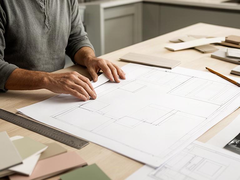 Professionista che consulta una pianta di cucina su un tavolo di progettazione