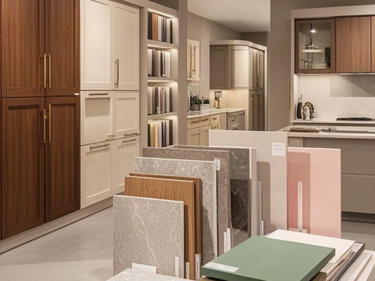 Esposizione di ante, maniglie e materiali per cucine italiane in uno showroom ordinato