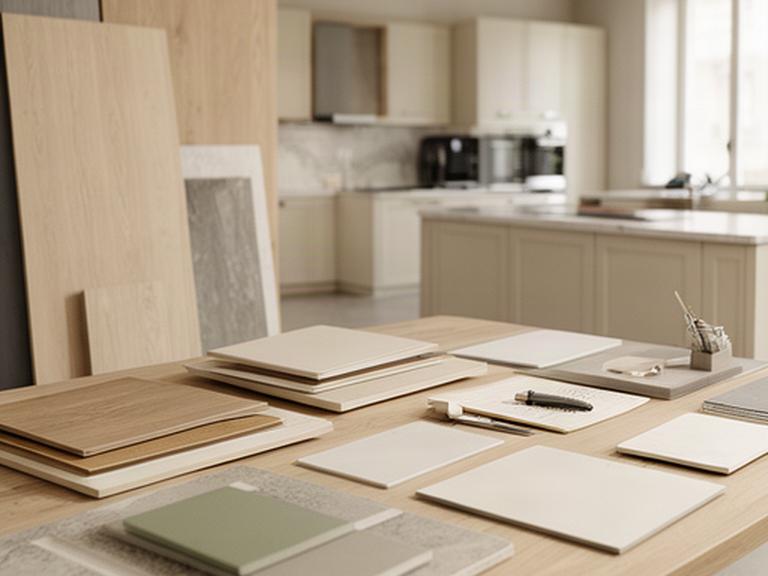 Studio italiano di progettazione cucine con campioni di legno e piani di lavoro