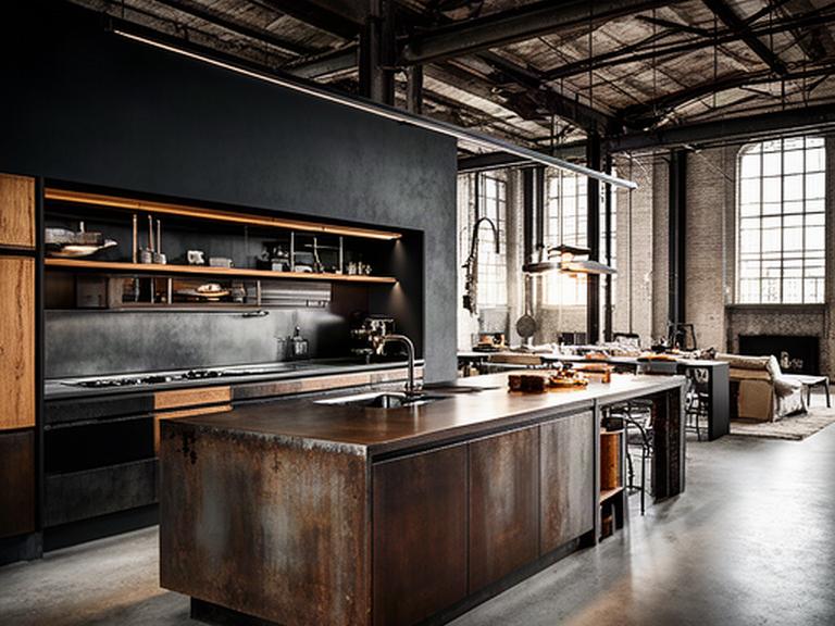 Cucina industriale italiana con struttura scura, metallo, legno e grandi superfici operative in un loft