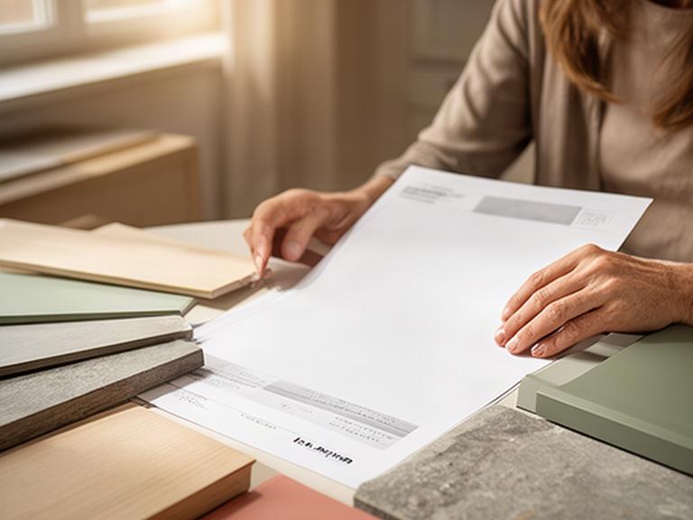 Persona che legge un documento informativo accanto a campioni di materiali per cucina