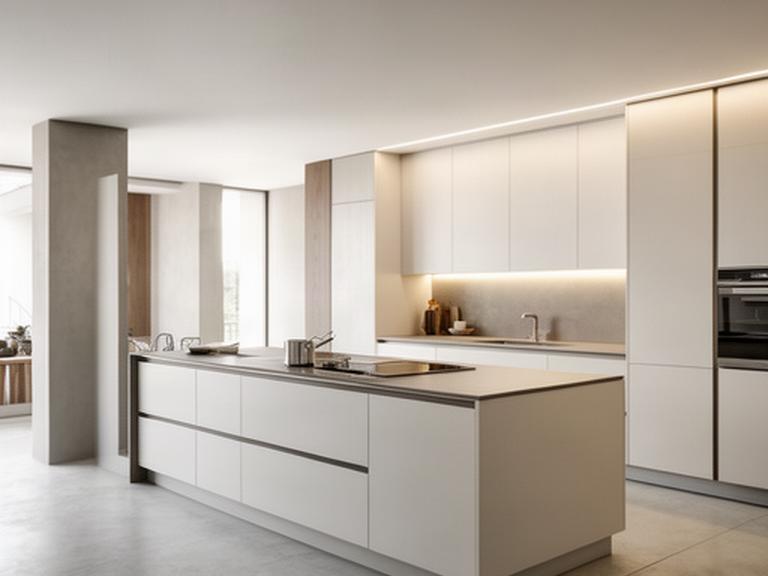 Cucina moderna italiana con isola centrale, frontali opachi e illuminazione lineare in un interno contemporaneo