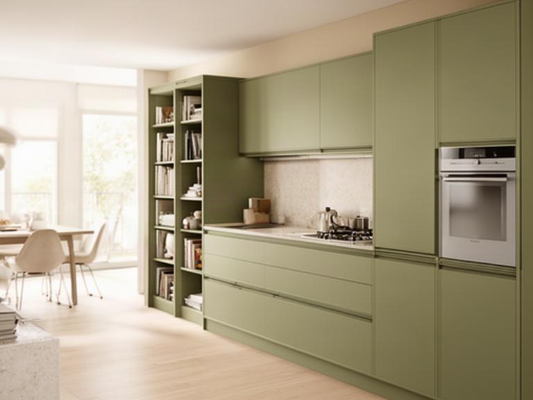 Cucina italiana contemporanea in un ambiente residenziale luminoso, con ante verdi e piano in pietra