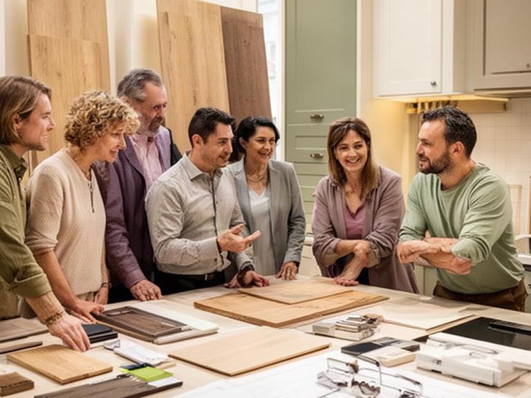 Team di Mancini Design riunito tra pannelli in legno e campioni nello showroom lombardo
