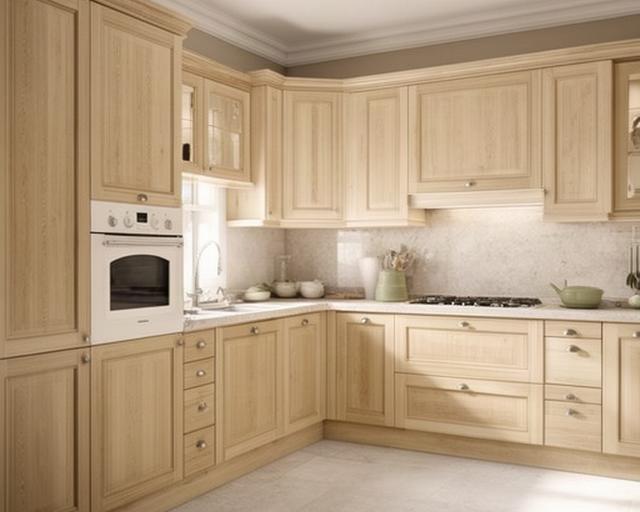 Cucina italiana classica su misura con mobili avorio, cornici tradizionali e piano in pietra naturale