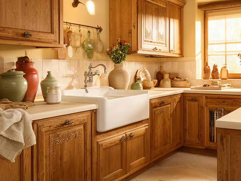 Cucina country in legno massello con lavello in ceramica e dettagli intagliati