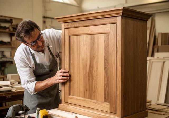 Artigiano al lavoro su un mobile cucina in legno nel laboratorio italiano di Mancini Design