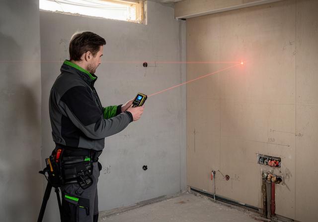 Tecnico durante il rilievo laser di una cucina in ristrutturazione a Treviolo