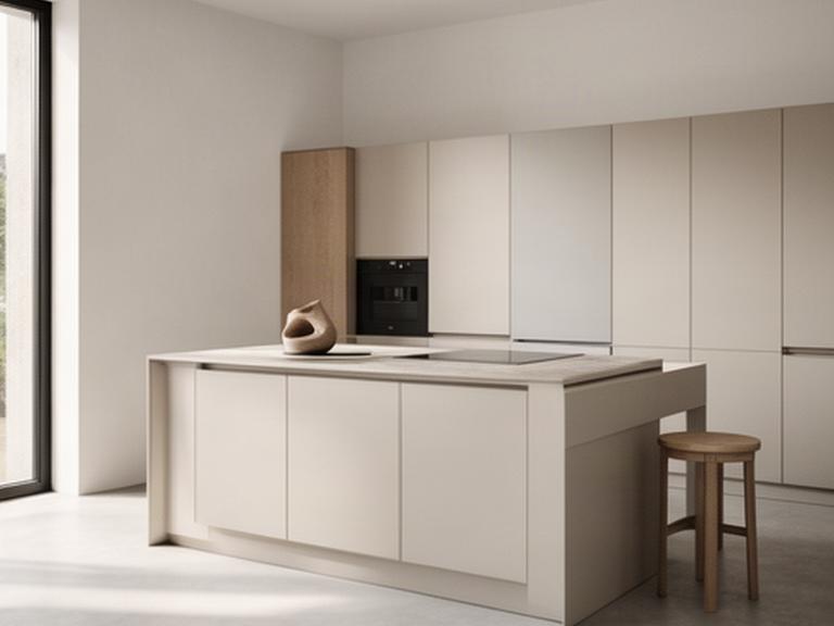 Cucina italiana minimal con ante lisce, isola centrale e illuminazione naturale
